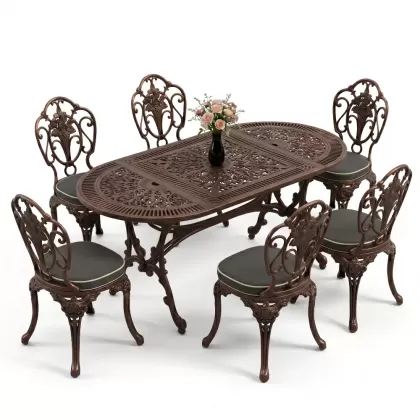Oval Masa E:75 x D:150 x Y:72 cm 6 Kişilik kolsuz gül motifli alüminyum döküm masa ve sandalye takımı bakır eskitme