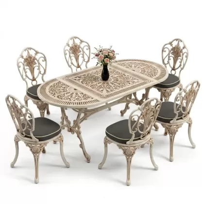 Oval Masa E:75 x D:150 x Y:72 cm 6 Kişilik kolsuz gül motifli alüminyum döküm masa ve sandalye takımı beyaz eskitme