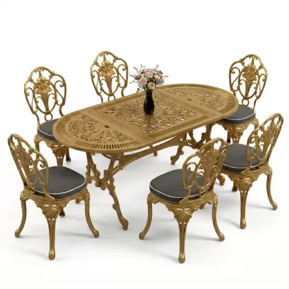 Oval Masa E:75 x D:150 x Y:72 cm 6 Kişilik kolsuz gül motifli alüminyum döküm masa ve sandalye takımı gold altın