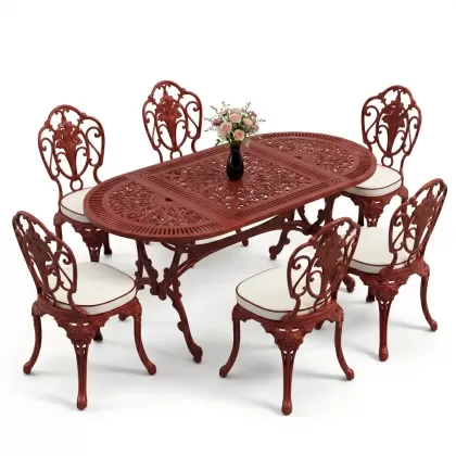 Oval Masa E:75 x D:150 x Y:72 cm 6 Kişilik kolsuz gül motifli alüminyum döküm masa ve sandalye takımı kırmızı kiremit