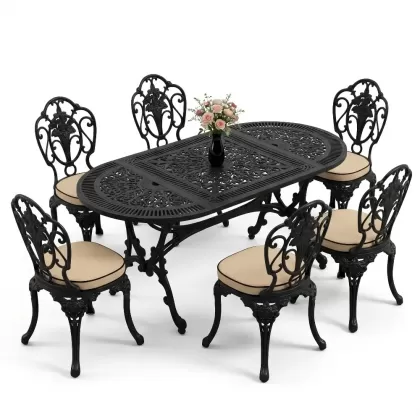 Oval Masa E:75 x D:150 x Y:72 cm 6 Kişilik kolsuz gül motifli alüminyum döküm masa ve sandalye takımı siyah