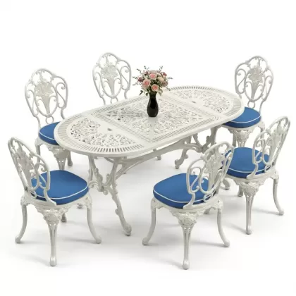 Oval Masa E:75 x D:150 x Y:72 cm 6 Kişilik kolsuz gül motifli alüminyum döküm masa ve sandalye takımı beyaz