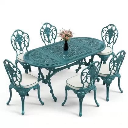 Oval Masa E:75 x D:150 x Y:72 cm 6 Kişilik kolsuz gül motifli alüminyum döküm masa ve sandalye takımı (Mindersiz Fiyatı) 8