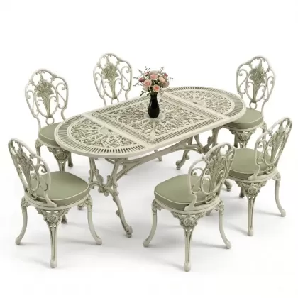 Oval Masa E:75 x D:150 x Y:72 cm 6 Kişilik kolsuz gül motifli alüminyum döküm masa ve sandalye takımı yeşil patina