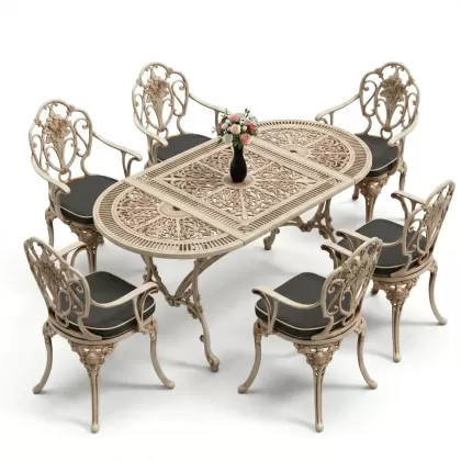Oval Masa E:75 x D:150 x Y:72 cm 6 Kişilik kollu gül motifli alüminyum döküm masa ve sandalye takımı beyaz eskitme