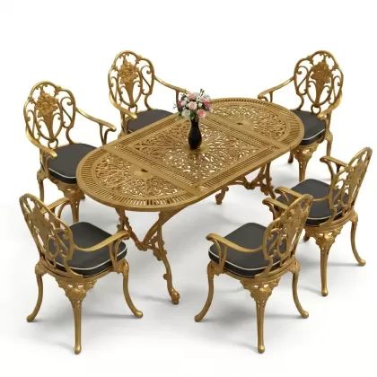 Oval Masa E:75 x D:150 x Y:72 cm 6 Kişilik kollu gül motifli alüminyum döküm masa ve sandalye takımı gold altın