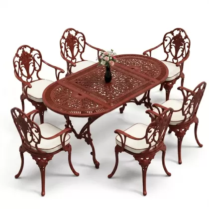 Oval Masa E:75 x D:150 x Y:72 cm 6 Kişilik kollu gül motifli alüminyum döküm masa ve sandalye takımı kırmızı kiremit