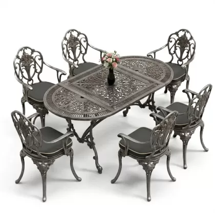 Oval Masa E:75 x D:150 x Y:72 cm 6 Kişilik kollu gül motifli alüminyum döküm masa ve sandalye takımı silver gümüş