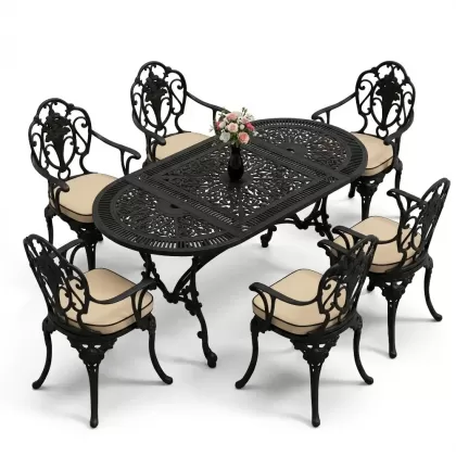 Oval Masa E:75 x D:150 x Y:72 cm 6 Kişilik kollu gül motifli alüminyum döküm masa ve sandalye takımı siyah