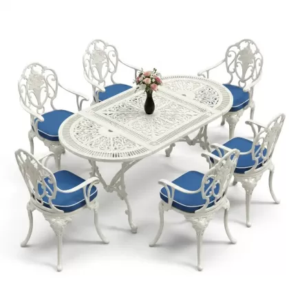 Oval Masa E:75 x D:150 x Y:72 cm 6 Kişilik kollu gül motifli alüminyum döküm masa ve sandalye takımı beyaz
