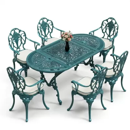 Oval Masa E:75 x D:150 x Y:72 cm 6 Kişilik kollu gül motifli alüminyum döküm masa ve sandalye takımı turkuaz
