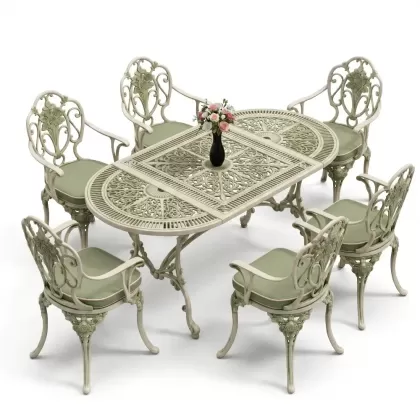 Oval Masa E:75 x D:150 x Y:72 cm 6 Kişilik kollu gül motifli alüminyum döküm masa ve sandalye takımı yeşil patina