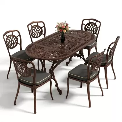 Oval Masa E:75 x D:150 x Y:72 cm 6 Kişilik kolsuz ay motifli alüminyum döküm masa ve sandalye takımı bakır eskitme