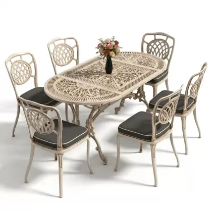 Oval Masa E:75 x D:150 x Y:72 cm 6 Kişilik kolsuz ay motifli alüminyum döküm masa ve sandalye takımı beyaz eskitme