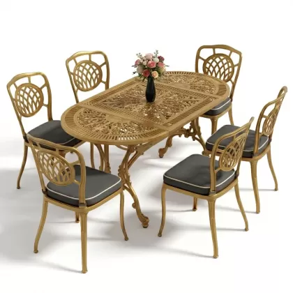 Oval Masa E:75 x D:150 x Y:72 cm 6 Kişilik kolsuz ay motifli alüminyum döküm masa ve sandalye takımı gold altın
