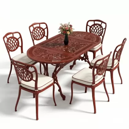 Oval Masa E:75 x D:150 x Y:72 cm 6 Kişilik kolsuz ay motifli alüminyum döküm masa ve sandalye takımı kırmızı kiremit