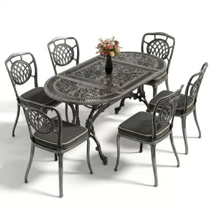 Oval Masa E:75 x D:150 x Y:72 cm 6 Kişilik kolsuz ay motifli alüminyum döküm masa ve sandalye takımı gümüş silver