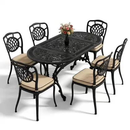 Oval Masa E:75 x D:150 x Y:72 cm 6 Kişilik kolsuz ay motifli alüminyum döküm masa ve sandalye takımı siyah