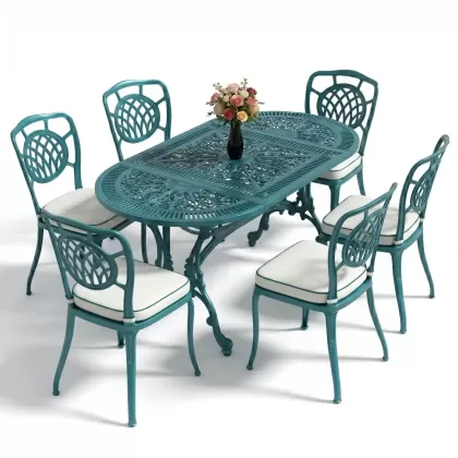 Oval Masa E:75 x D:150 x Y:72 cm 6 Kişilik kolsuz ay motifli alüminyum döküm masa ve sandalye takımı turkuaz