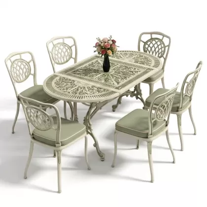 Oval Masa E:75 x D:150 x Y:72 cm 6 Kişilik kolsuz ay motifli alüminyum döküm masa ve sandalye takımı yeşil patina