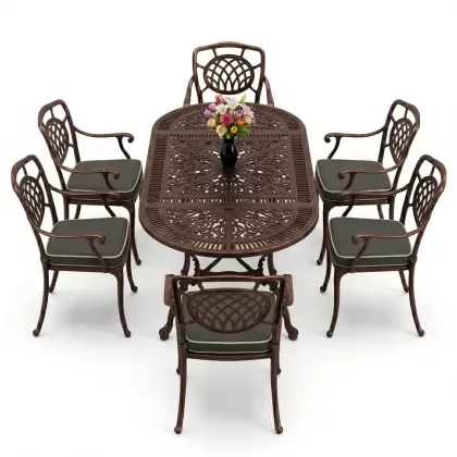 Oval Masa E:75 x D:150 x Y:72 cm 6 Kişilik kollu ay motifli alüminyum döküm masa ve sandalye takımı bakır eskitme