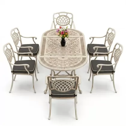 Oval Masa E:75 x D:150 x Y:72 cm 6 Kişilik kollu ay motifli alüminyum döküm masa ve sandalye takımı beyaz eskitme