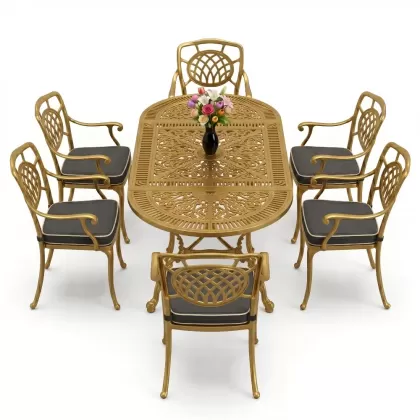 Oval Masa E:75 x D:150 x Y:72 cm 6 Kişilik kollu ay motifli alüminyum döküm masa ve sandalye takımı gold altın