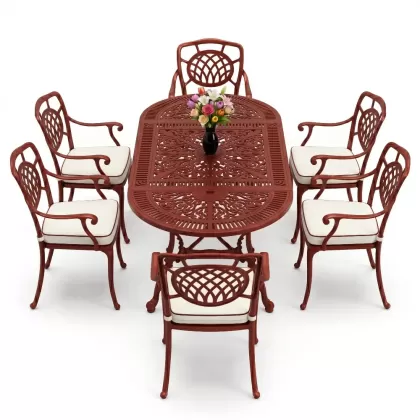 Oval Masa E:75 x D:150 x Y:72 cm 6 Kişilik kollu ay motifli alüminyum döküm masa ve sandalye takımı kiremit kırmızı