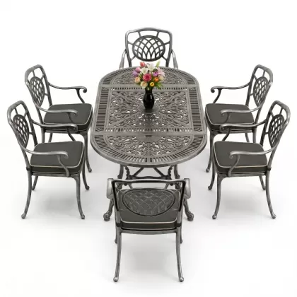 Oval Masa E:75 x D:150 x Y:72 cm 6 Kişilik kollu ay motifli alüminyum döküm masa ve sandalye takımı silver gümüş