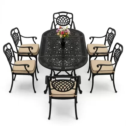 Oval Masa E:75 x D:150 x Y:72 cm 6 Kişilik kollu ay motifli alüminyum döküm masa ve sandalye takımı siyah