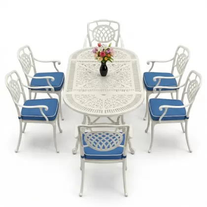 Oval Masa E:75 x D:150 x Y:72 cm 6 Kişilik kollu ay motifli alüminyum döküm masa ve sandalye takımı beyaz