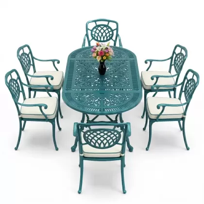 Oval Masa E:75 x D:150 x Y:72 cm 6 Kişilik kollu ay motifli alüminyum döküm masa ve sandalye takımı turkuaz