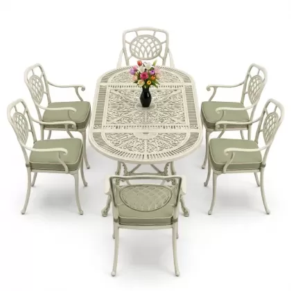 Oval Masa E:75 x D:150 x Y:72 cm 6 Kişilik kollu ay motifli alüminyum döküm masa ve sandalye takımı yeşil patina