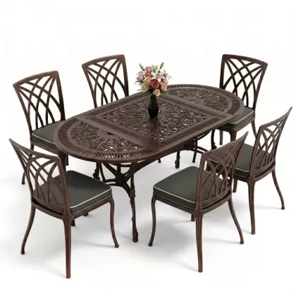 Dikdörtgen Masa E:75 x D:150 x Y:72 cm 6 Kişilik kolsuz modern alüminyum döküm masa ve sandalye takımı bakır eskitme