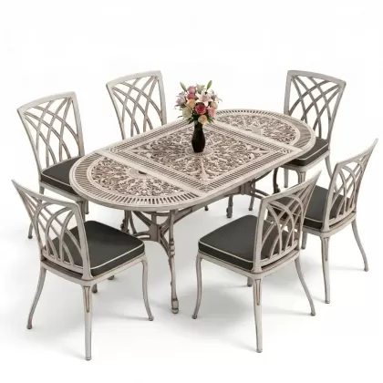 Dikdörtgen Masa E:75 x D:150 x Y:72 cm 6 Kişilik kolsuz modern alüminyum döküm masa ve sandalye takımı beyaz eskitme