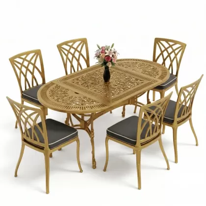 Dikdörtgen Masa E:75 x D:150 x Y:72 cm 6 Kişilik kolsuz modern alüminyum döküm masa ve sandalye takımı gold altın