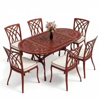 Dikdörtgen Masa E:75 x D:150 x Y:72 cm 6 Kişilik kolsuz modern alüminyum döküm masa ve sandalye takımı kırmızı kiremit