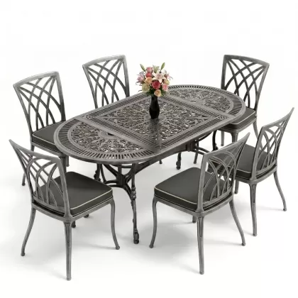 Dikdörtgen Masa E:75 x D:150 x Y:72 cm 6 Kişilik kolsuz modern alüminyum döküm masa ve sandalye takımı gümüş silver