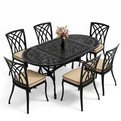 Dikdörtgen Masa E:75 x D:150 x Y:72 cm 6 Kişilik kolsuz modern alüminyum döküm masa ve sandalye takımı siyah