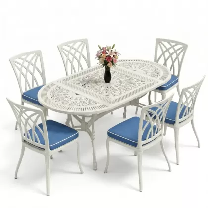 Dikdörtgen Masa E:75 x D:150 x Y:72 cm 6 Kişilik kolsuz modern alüminyum döküm masa ve sandalye takımı beyaz