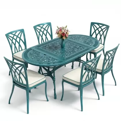 Dikdörtgen Masa E:75 x D:150 x Y:72 cm 6 Kişilik kolsuz modern alüminyum döküm masa ve sandalye takımı (Mindersiz Fiyatı) 8