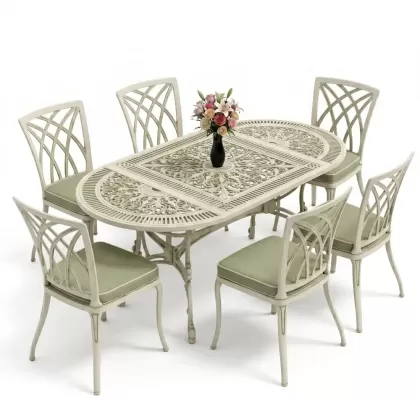 Dikdörtgen Masa E:75 x D:150 x Y:72 cm 6 Kişilik kolsuz modern alüminyum döküm masa ve sandalye takımı yeşil patina