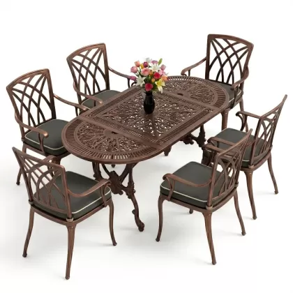 Oval Masa E:75 x D:150 x Y:72 cm 6 Kişilik kollu modern alüminyum döküm masa ve sandalye takımı bakır eskitme