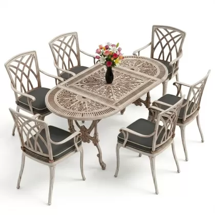 Oval Masa E:75 x D:150 x Y:72 cm 6 Kişilik kollu modern alüminyum döküm masa ve sandalye takımı beyaz eskitme