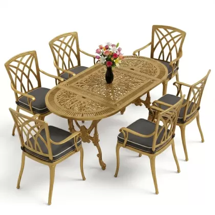 Oval Masa E:75 x D:150 x Y:72 cm 6 Kişilik kollu modern alüminyum döküm masa ve sandalye takımı gold altın