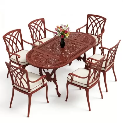 Oval Masa E:75 x D:150 x Y:72 cm 6 Kişilik kollu modern alüminyum döküm masa ve sandalye takımı kırmızı kiremit