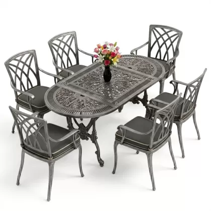 Oval Masa E:75 x D:150 x Y:72 cm 6 Kişilik kollu modern alüminyum döküm masa ve sandalye takımı silver gümüş