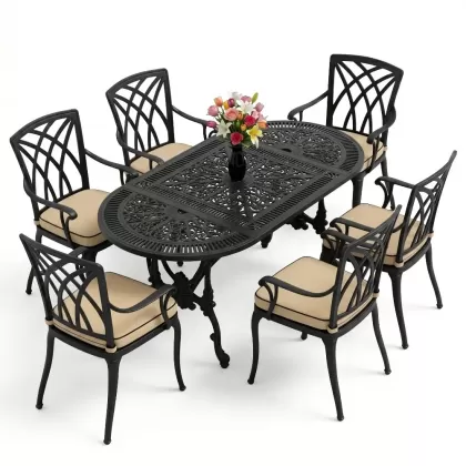 Oval Masa E:75 x D:150 x Y:72 cm 6 Kişilik kollu modern alüminyum döküm masa ve sandalye takımı siyah