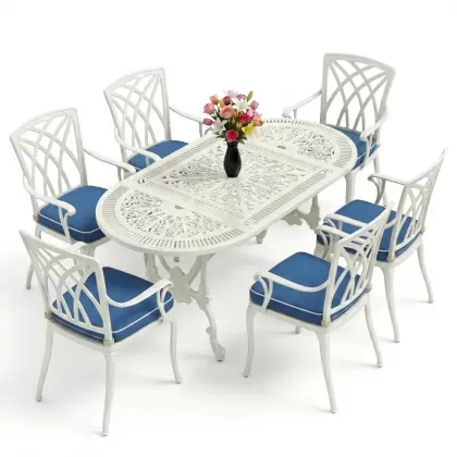 Oval Masa E:75 x D:150 x Y:72 cm 6 Kişilik kollu modern alüminyum döküm masa ve sandalye takımı beyaz