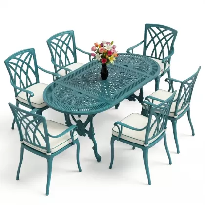Oval Masa E:75 x D:150 x Y:72 cm 6 Kişilik kollu modern alüminyum döküm masa ve sandalye takımı turkuaz